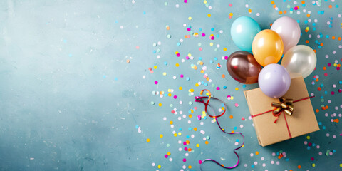 Gift box with balloons and confetti. Celebration Birthday, anniversary and special occasion background, copy space