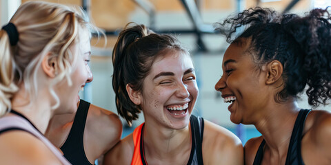 Group of three young, diverse female athletes celebrate their healthy and active lifestyle in a sports studio, smiling and laughing together while wearing sporty fitness clothes