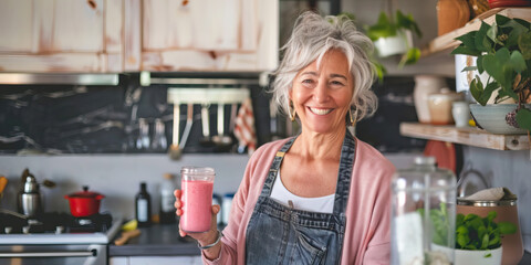 Healthy senior woman smiling while holding some pink juice in her kitchen. Mature woman serving herself wholesome smoothie vegan food at home. Taking care of her aging body with a plant-based diet