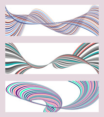 Wavy lines or ribbons. Set of 3 backgrounds. Multicolored striped gradient. Creative unusual background with abstract gradient wave lines to create a trendy banner, poster. vector eps