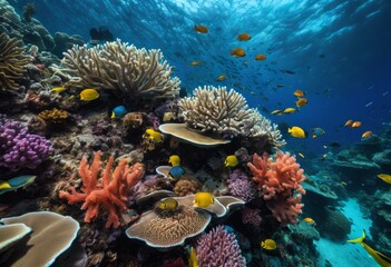 Obraz premium illustration, exploring vibrant underwater world coral reefs marine life: visual journey through depths ocean, fish, sea, blue, ecosystem, biodiversity