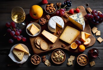 Fototapeta na wymiar illustration, guide perfect cheese pairing, food, wine, fruit, gourmet, platter, flavor, nutrition, dairy, variety, snack, selection, bread, board, meal, dining