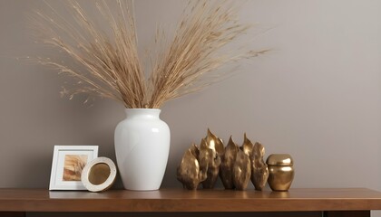 This modern interior design includes a hardwood table adorned with a variety of ornamental pieces.A white porcelain vase with dried spikelets within is one of these things, along with a golden picture