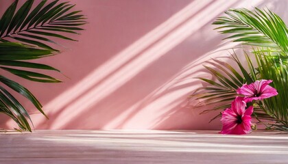 abstract pink studio background for product presentation empty room with shadows of window and flowers and palm leaves 3d room with copy space summer concert blurred backdrop