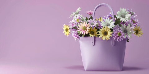 Naklejka na ściany i meble Purple leather bag full of colorful spring flowers on purple background with copy space