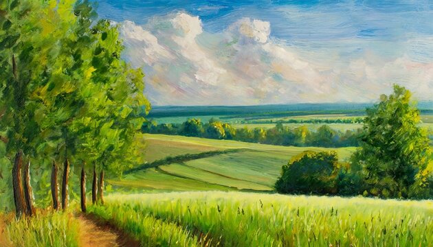 oil painting of a countryside landscape with trees and grasses field country beautiful illustration in green tones
