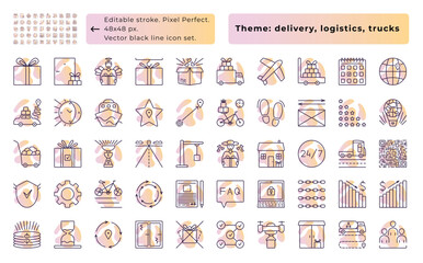 Delivery and cargo, vector black line icon set with gradient spots, 50 signs - 48x48 px (editable stroke, pixel perfect) and 300x300 px (not editable stroke). Pictogram layers have titles