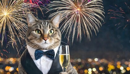 happy new year sylvester new year s eve party funny animals banner greeting card cat with suit bow tie and champagne glass fireworks pyrotechnics in the background at night