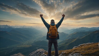 Positive man celebrating on mountain top, with arms raised up