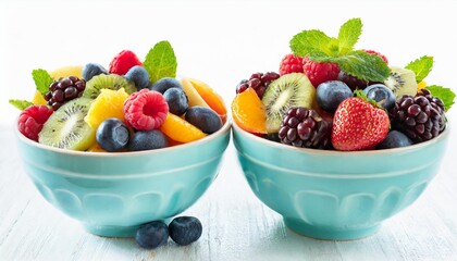 bundle of two fruit salad bowls with mixed berries and fruits isolated on white background