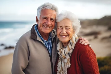 Fototapete happy retired senior couple on cruise ship enjoying retirement © Darya