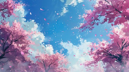 Fototapeta na wymiar Spring banner, branches of blossoming cherry against background of blue sky and butterflies on nature outdoors. Pink sakura flowers, dreamy romantic image spring. AI generated illustration