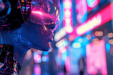 Fotobehang female robot in the light of neon signs © Olga