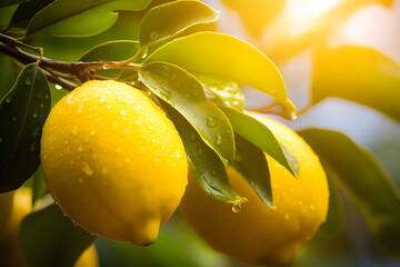 Close up of lemon fruits with water drops growing on tree