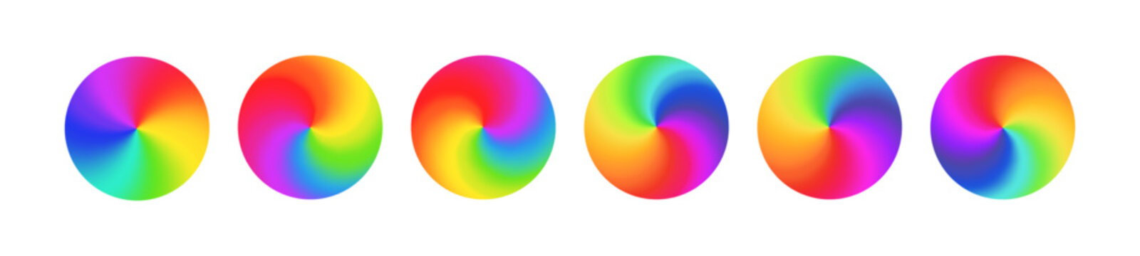 Radial rainbow gradient circular swirl, color spectrum in a vibrant wheel, RGB gradation. Flat vector illustration isolated on white background.