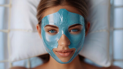 Gorgeous young woman with skin care hydrogel mask on her face, for providing intense moisture, leaving the skin plump and radiant.