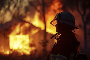 female firefighter on the background of a burning cottage. profession is a lifeguard.