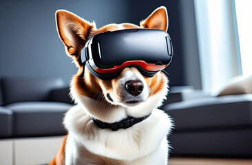 Close up of dog wearing VR glasses. Futuristic illustration. Modern technologies.