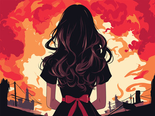 Backview girl watching sunset over industrial cityscape. Red bow girls long hair, silhouette buildings smoky sky. Contemplation environmental issues vector illustration