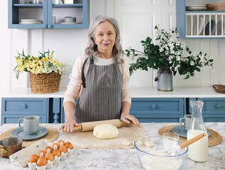 Silver-haired grandmother gracefully rolls dough with a rolling pin for fragrant grandmother's...