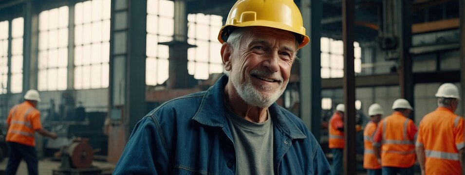 happy industrial factory retired workers, Professional worker in a helmet, Labor day concept