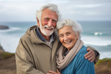 close up and portrait of two happy and active seniors or pensioners having fun and enjoying looking at the sunset smiling with the sea - old people outdoors enjoying vacations together