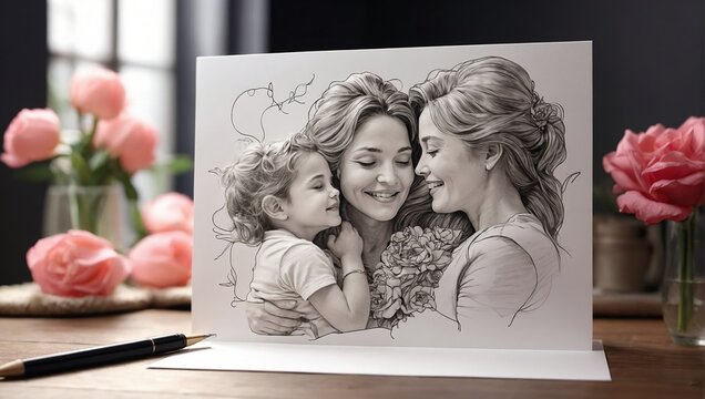 Happy Mother day card, Continuous one line drawing