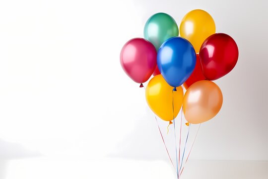 Colorful birthday balloons arranged in a mockup on a pristine white background, featuring ample copy space for personalization, captured with the vibrancy and detail of an HD camera