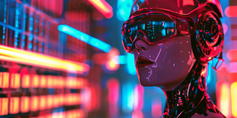 female robot in the light of city neon signs