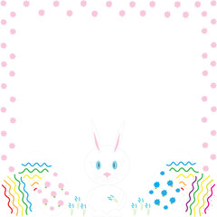 Cute Easter white rabbit with Easter eggs and flowers