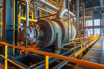 Industrial machinery with an array of steel pipes, cables, and valves in a manufacturing setting