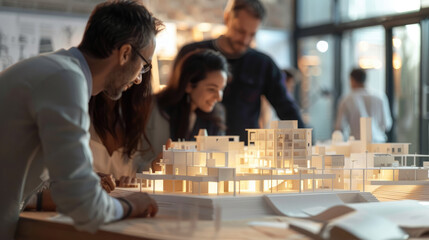 Architects discussing over model in well-lit office - Colleagues collaboratively working over an intricate architectural model in a bright, modern office setting