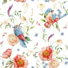 Watercolor floral seamless pattern of forget-me-not, peonies, ranunculi and song bird. Hand painted composition isolated on white background. Flowers Illustration for design, print or background. - 746762782