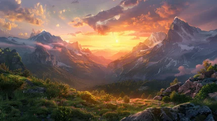 Foto op Canvas Breathtaking sunset over majestic mountain range - A picturesque landscape showcasing a stunning sunset with vibrant colors illuminating a rugged mountain range and a tranquil, blooming valley © Tida