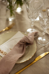 Wedding table setting in a vintage building.