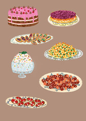 Background for a postcard or advertising flyer for a cafe, restaurant, food delivery. Set of icons on the theme of food, cuisine, recipes.