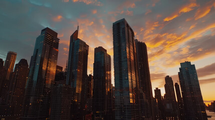 Obraz premium City Skyline at Sunset with Vibrant Sky - This image captures a breathtaking city skyline at sunset, with warm hues illuminating tall skyscrapers