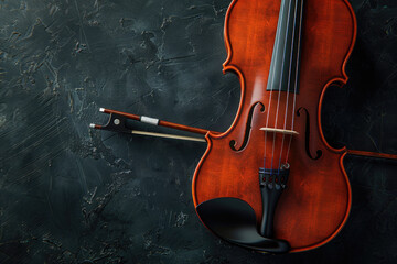 Fototapeta na wymiar Classic violin lying on a textured dark surface - A beautifully crafted violin with its bow on a dark textured backdrop, evoking emotion and artistry