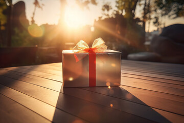 Gift box wrapped in luxury golden paper with red bow on table outdoors - obrazy, fototapety, plakaty