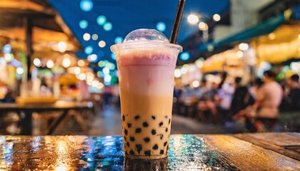 taiwanese bubble milk tea at night marketplace - obrazy, fototapety, plakaty