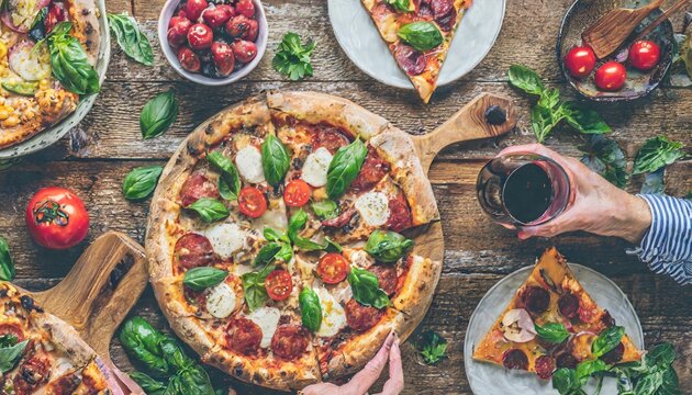 family or friends having pizza party dinner flat lay of people taking and eating various kinds of pizza and drinking red wine over rustic wooden table top view fast food lunch celebration