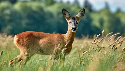 Naklejka na ściany i meble wild female roe deer in a field