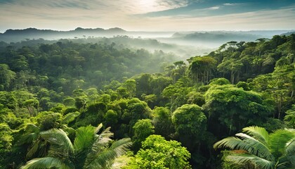 green forest in the morning the diverse amazon forest seen from above a tropical illustration - obrazy, fototapety, plakaty