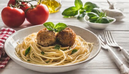 spaghetti with meatball on the white wooden table top vie