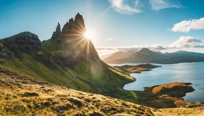 mountain panorama with sun in scotland isle of skye old man of storr