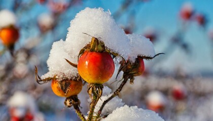 snow covered rosehips in december luneburg heath germany