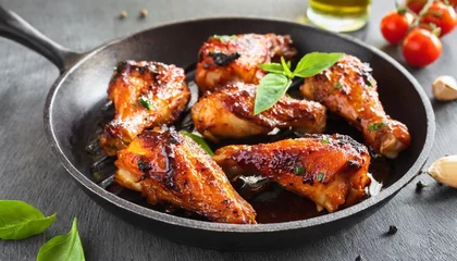 Foto op Plexiglas chicken wings grilled in sauce on pan © Javon