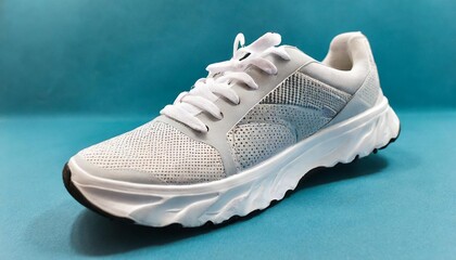vwhite men s sneaker on blue background modern sports casual shoes new running unisex footwear side view - obrazy, fototapety, plakaty
