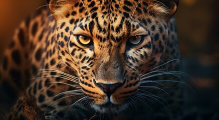 Produce a dynamic digital  showcasing the intricate facial structure and piercing gaze of a leopard, rendered with unparalleled realism and detail. 