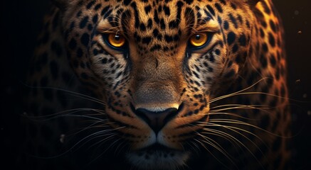 Fototapeta na wymiar Produce a dynamic digital showcasing the intricate facial structure and piercing gaze of a leopard, rendered with unparalleled realism and detail. 